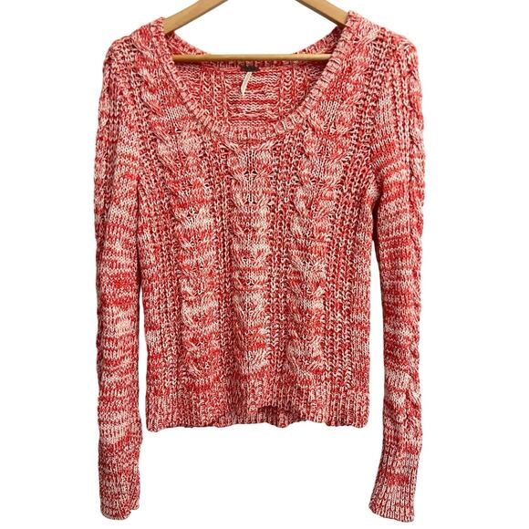 Free People Sweater Women’s Sz S Cable Knit Scoop Neck Orange Ivory Heathered - Picture 5 of 7